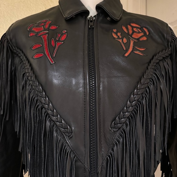 Black Fringe Leather Biker Jacket with Cut Out Rose Details - Picture 3 of 16